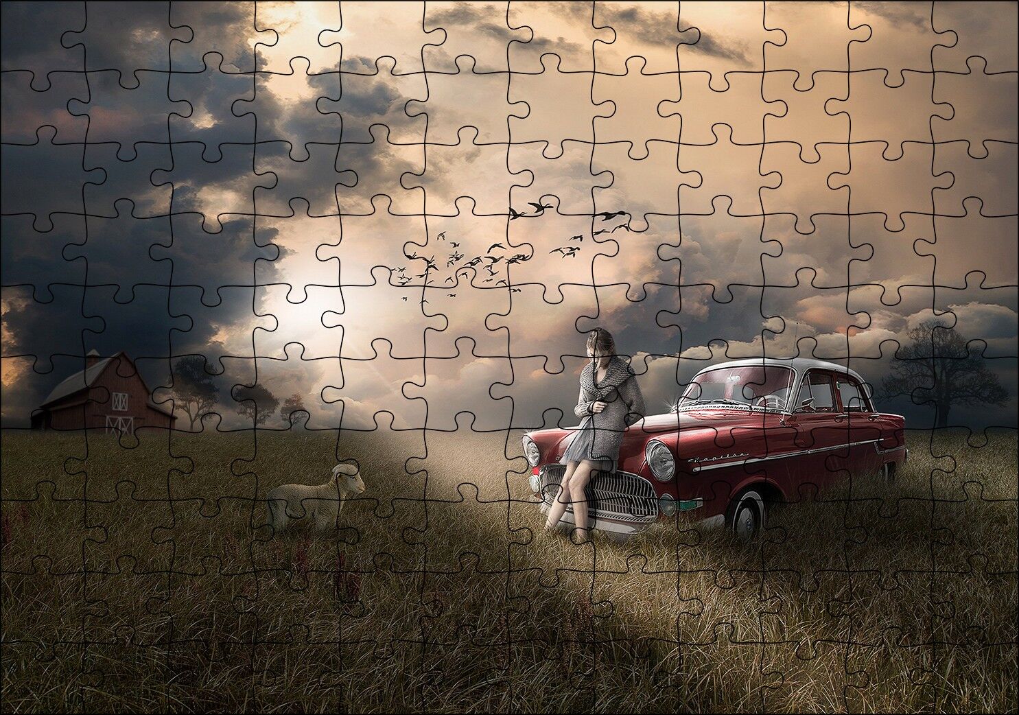 Günbatımında Kız Araba Kuzu ve Bulutlu Gökler Puzzle Yapboz MDF Ahşap