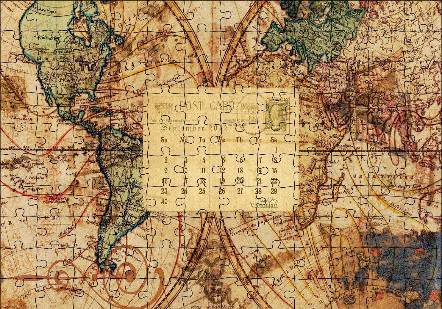 2012 Eylül Kartpostal ve Dünya Haritası Puzzle Yapboz MDF Ahşap 120 Parça 24 cm X 34 cm