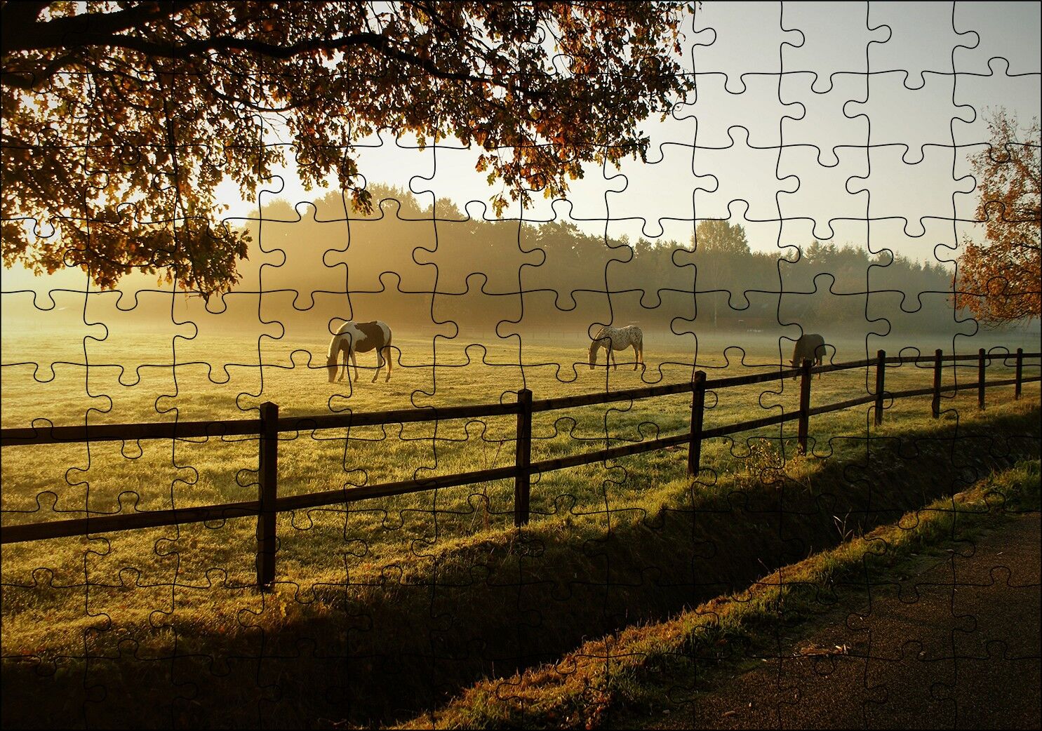 Gündoğumunda Sisler ve Otlayan Atlar Puzzle Yapboz MDF Ahşap
