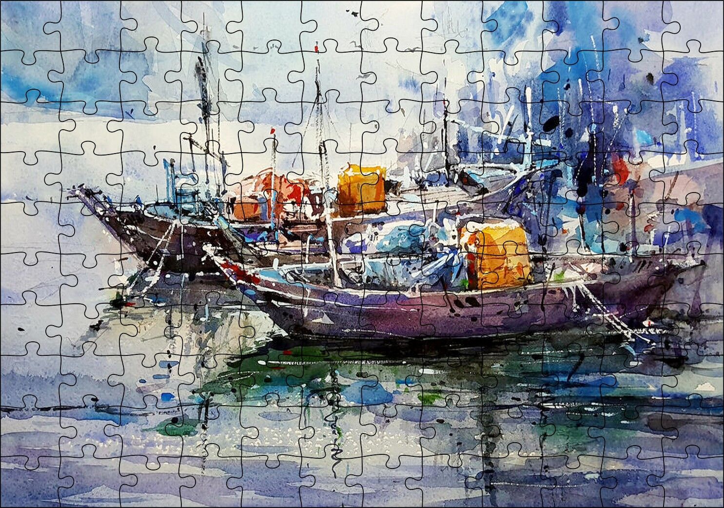 Rıhtımda Demirli Kayıklar Yağlı Boya Puzzle Yapboz MDF Ahşap 120 Parça 24 cm X 34 cm