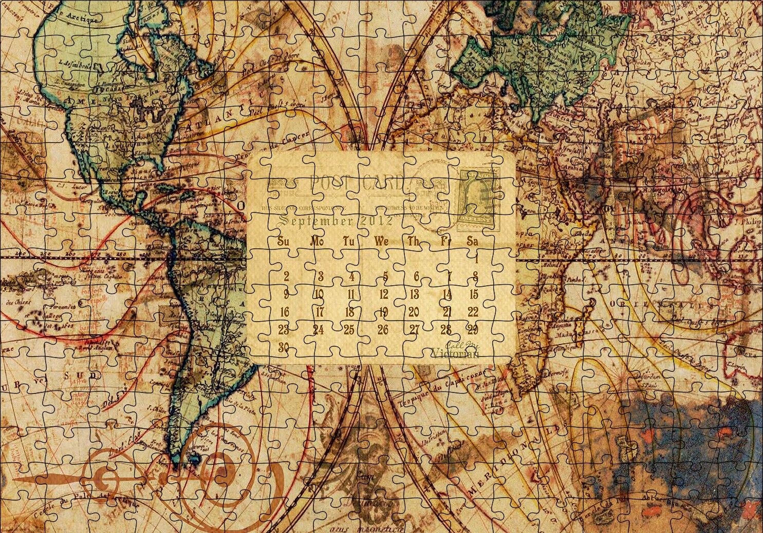 2012 Eylül Kartpostal ve Dünya Haritası Puzzle Yapboz MDF Ahşap 255 Parça 34 cm X 49 cm