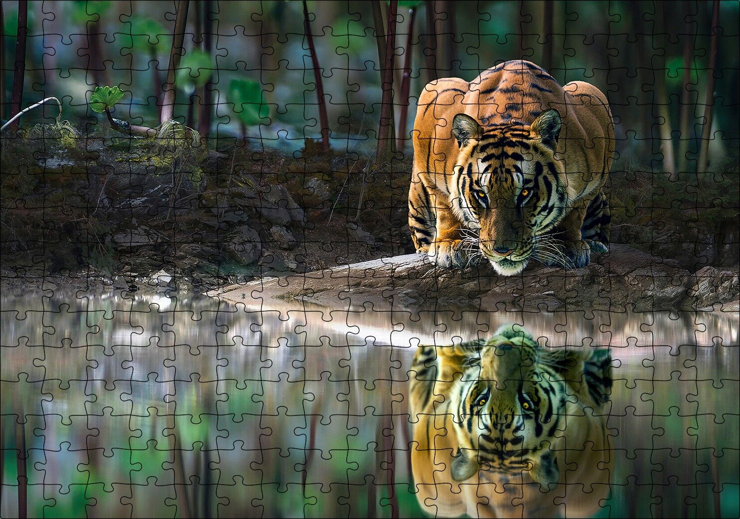Göldeki Kaplan Yansıması Görseli Puzzle Yapboz MDF Ahşap 255 Parça 34 cm X 49 cm