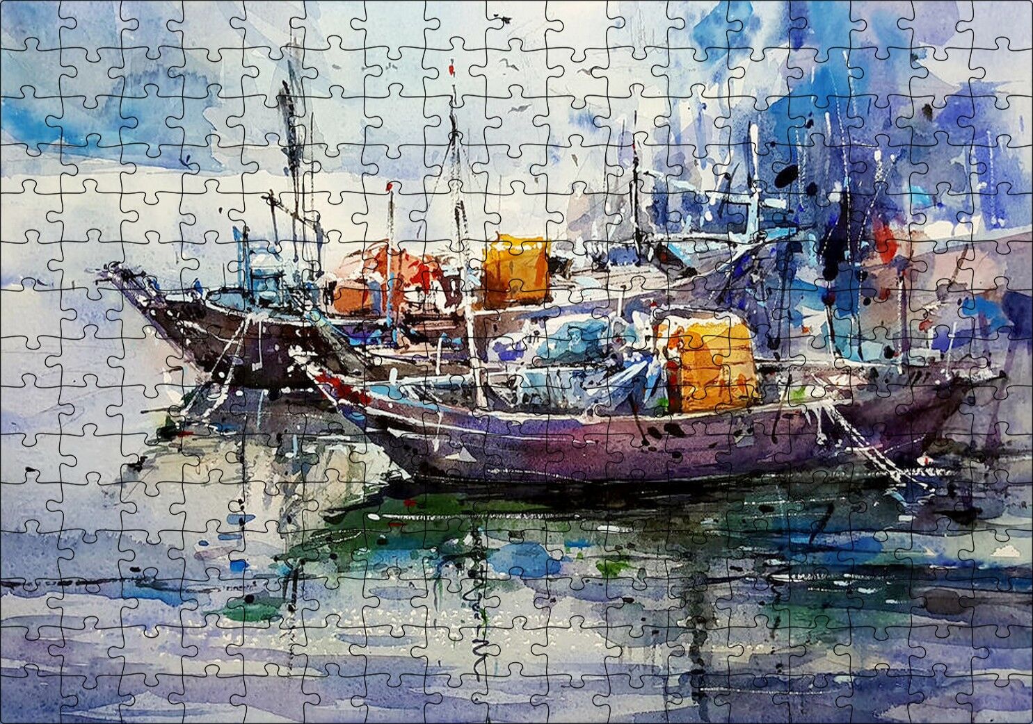 Rıhtımda Demirli Kayıklar Yağlı Boya Puzzle Yapboz MDF Ahşap 255 Parça 34 cm X 49 cm