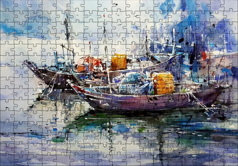Rıhtımda Demirli Kayıklar Yağlı Boya Puzzle Yapboz MDF Ahşap 255 Parça 34 cm X 49 cm