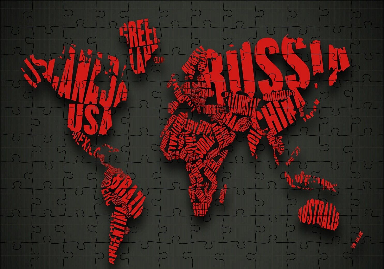 Siyah Zemin Kırmızı Dünya Haritası ve Ülke İsimleri Puzzle Yapboz MDF Ahşap
