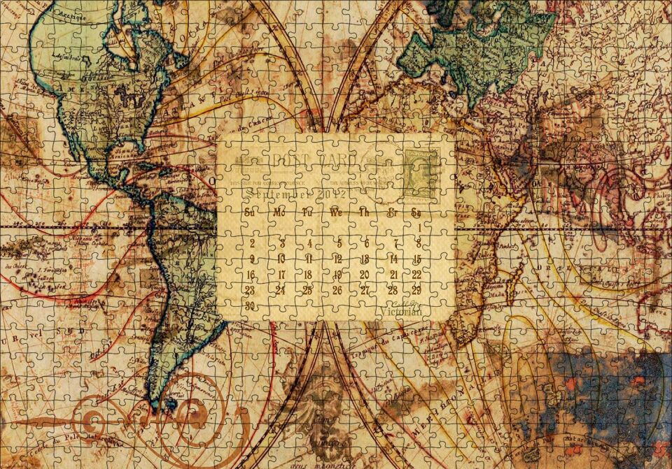 2012 Eylül Kartpostal ve Dünya Haritası Puzzle Yapboz MDF Ahşap 500 Parça 49 cm X 68 cm