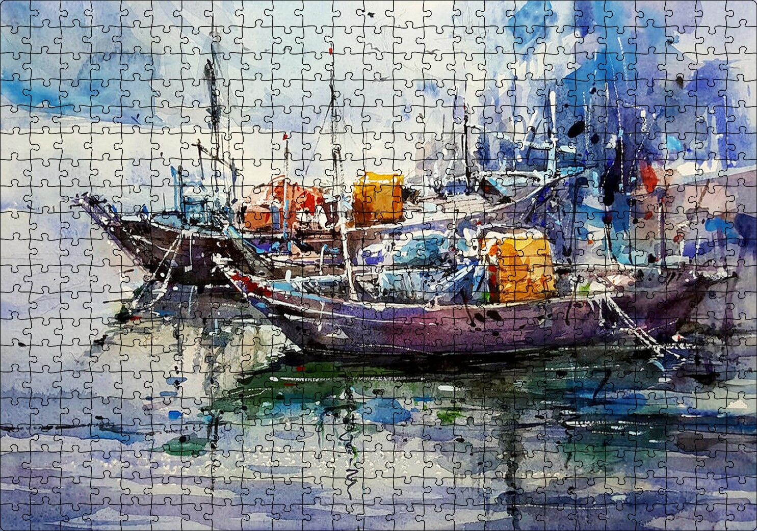 Rıhtımda Demirli Kayıklar Yağlı Boya Puzzle Yapboz MDF Ahşap 500 Parça 49 cm X 68 cm