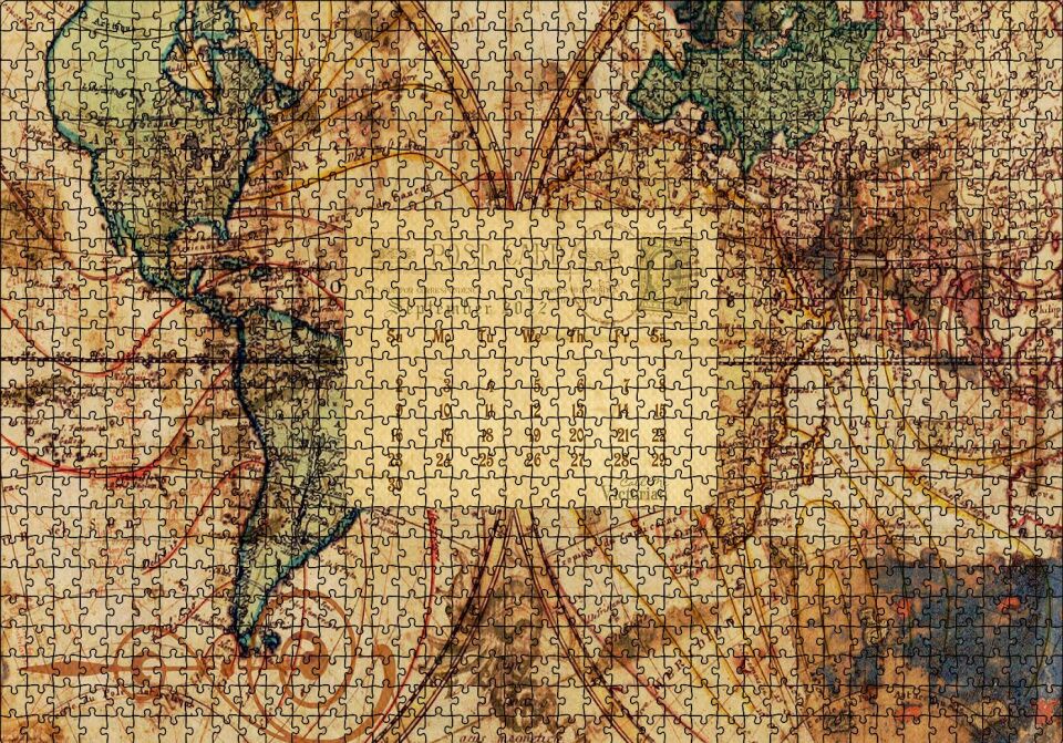2012 Eylül Kartpostal ve Dünya Haritası Puzzle Yapboz MDF Ahşap 1000 Parça 49 cm X 68 cm