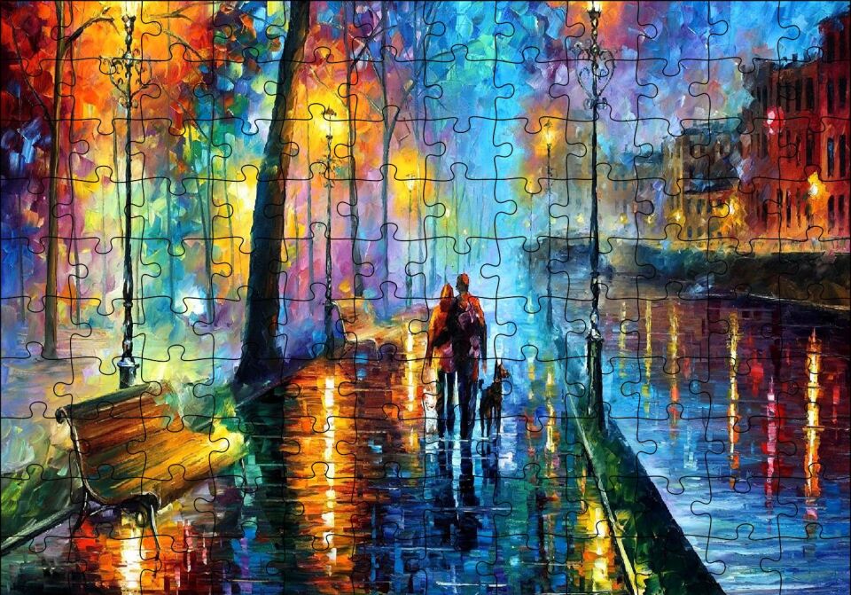 Sokak Lambaları Yürüyen Çift ve Köpek Yağlı Boya Puzzle Yapboz MDF Ahşap