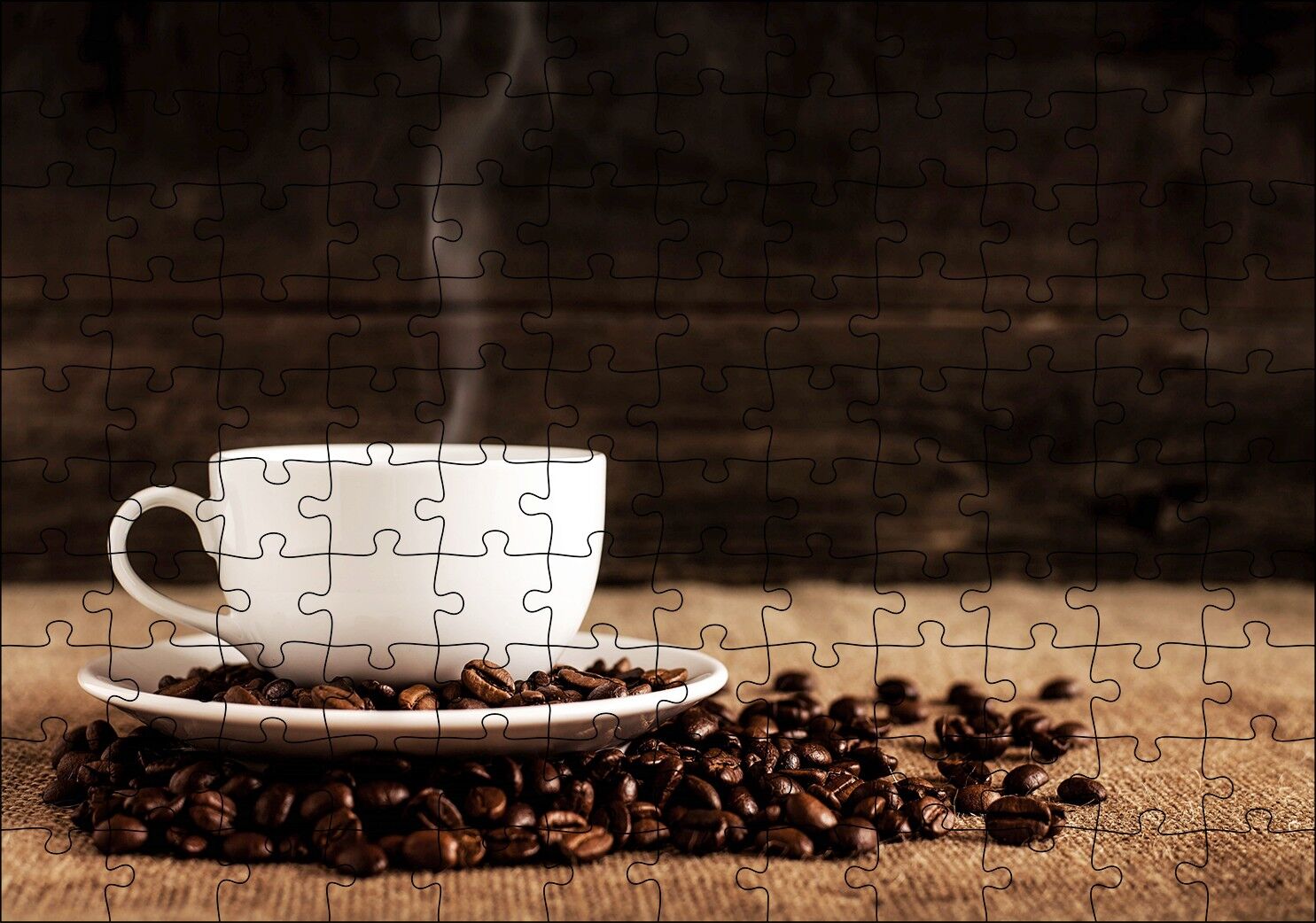 Kahve Çekirdekleri ve Dumanı Üstünde Fincan Kahve Puzzle Yapboz MDF Ahşap 120 Parça 24 cm X 34 cm