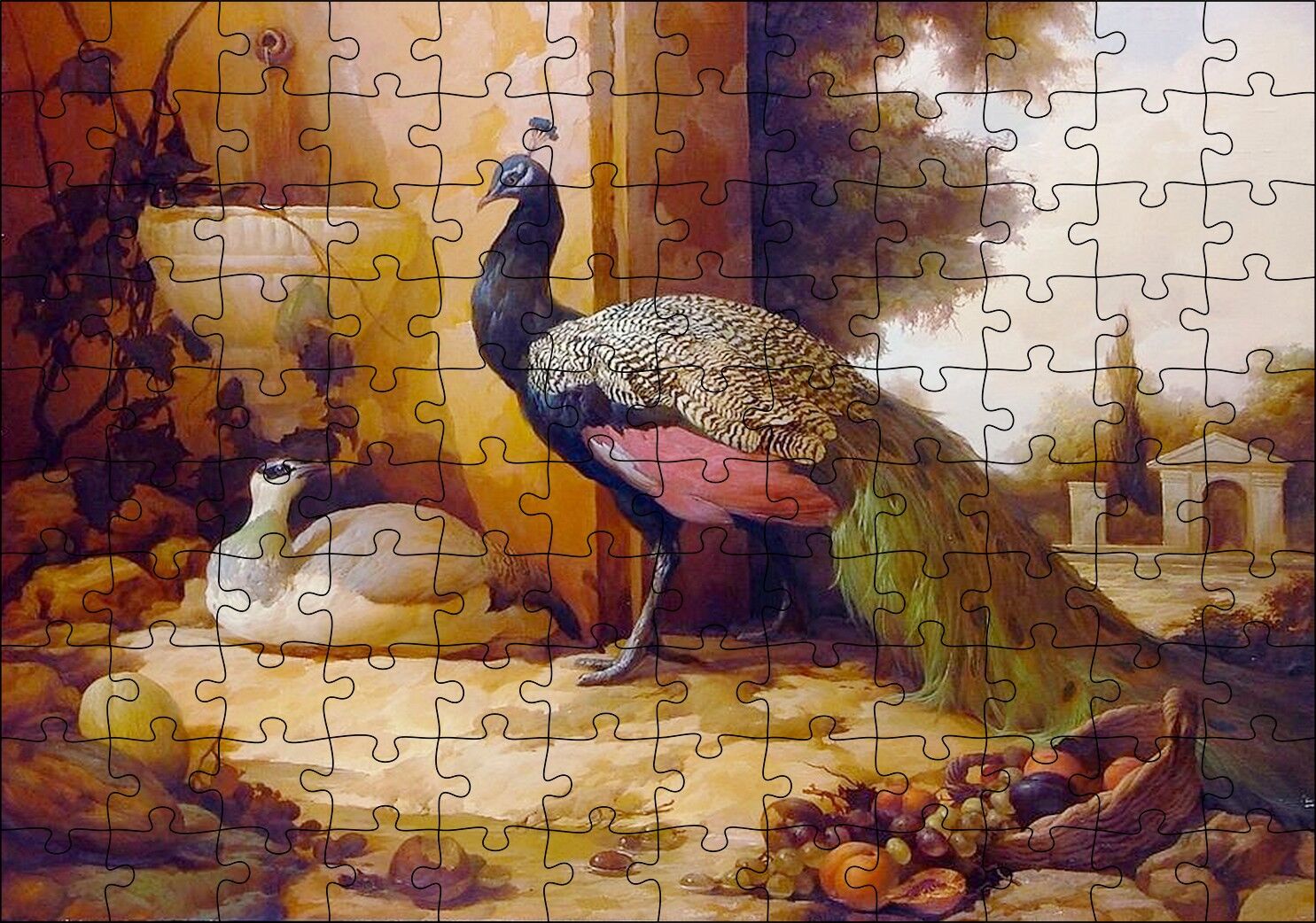 Saray Bahçesinde Bir Çift Tavuskuşu Puzzle Yapboz MDF Ahşap 120 Parça 24 cm X 34 cm