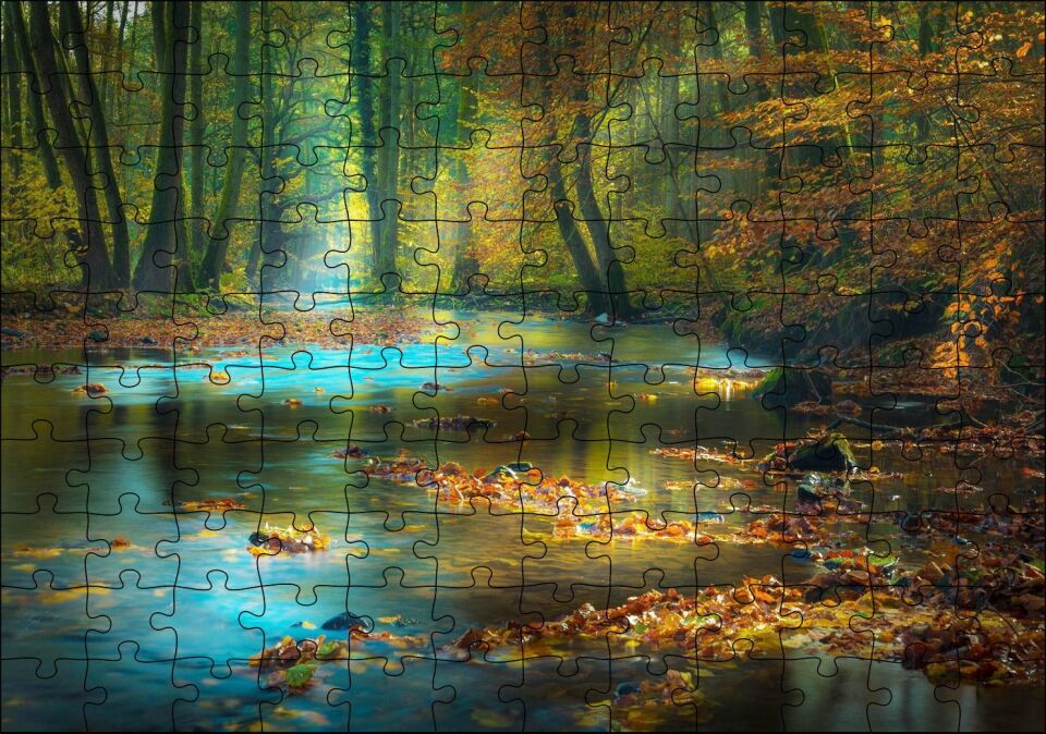 Orman İçindeki Nehir ve Suda Sonbahar Yaprakları Puzzle Yapboz MDF Ahşap 120 Parça 24 cm X 34 cm