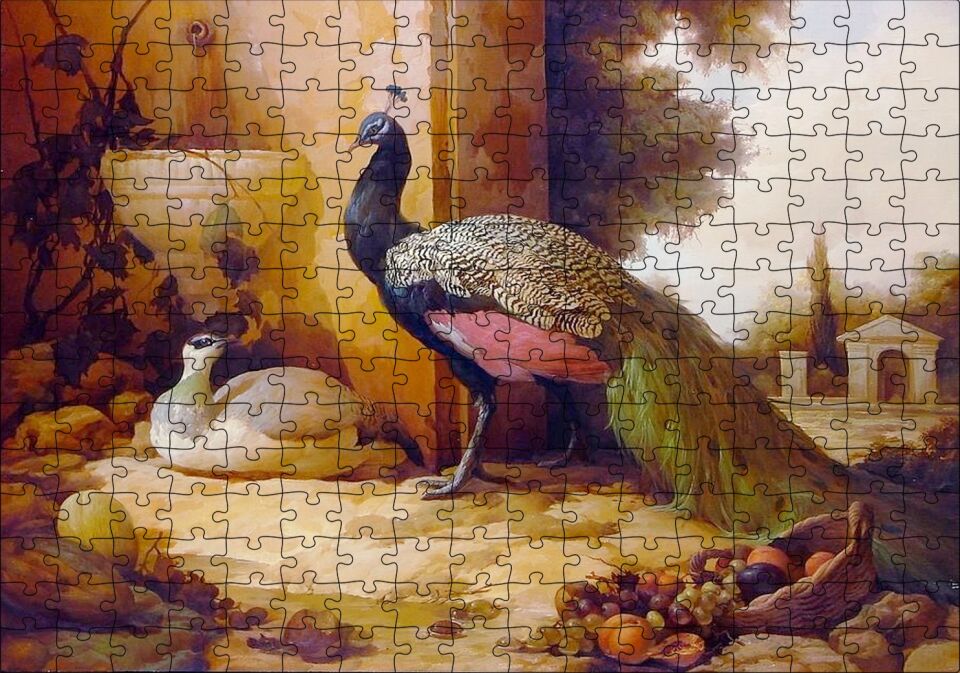 Saray Bahçesinde Bir Çift Tavuskuşu Puzzle Yapboz MDF Ahşap 255 Parça 34 cm X 49 cm