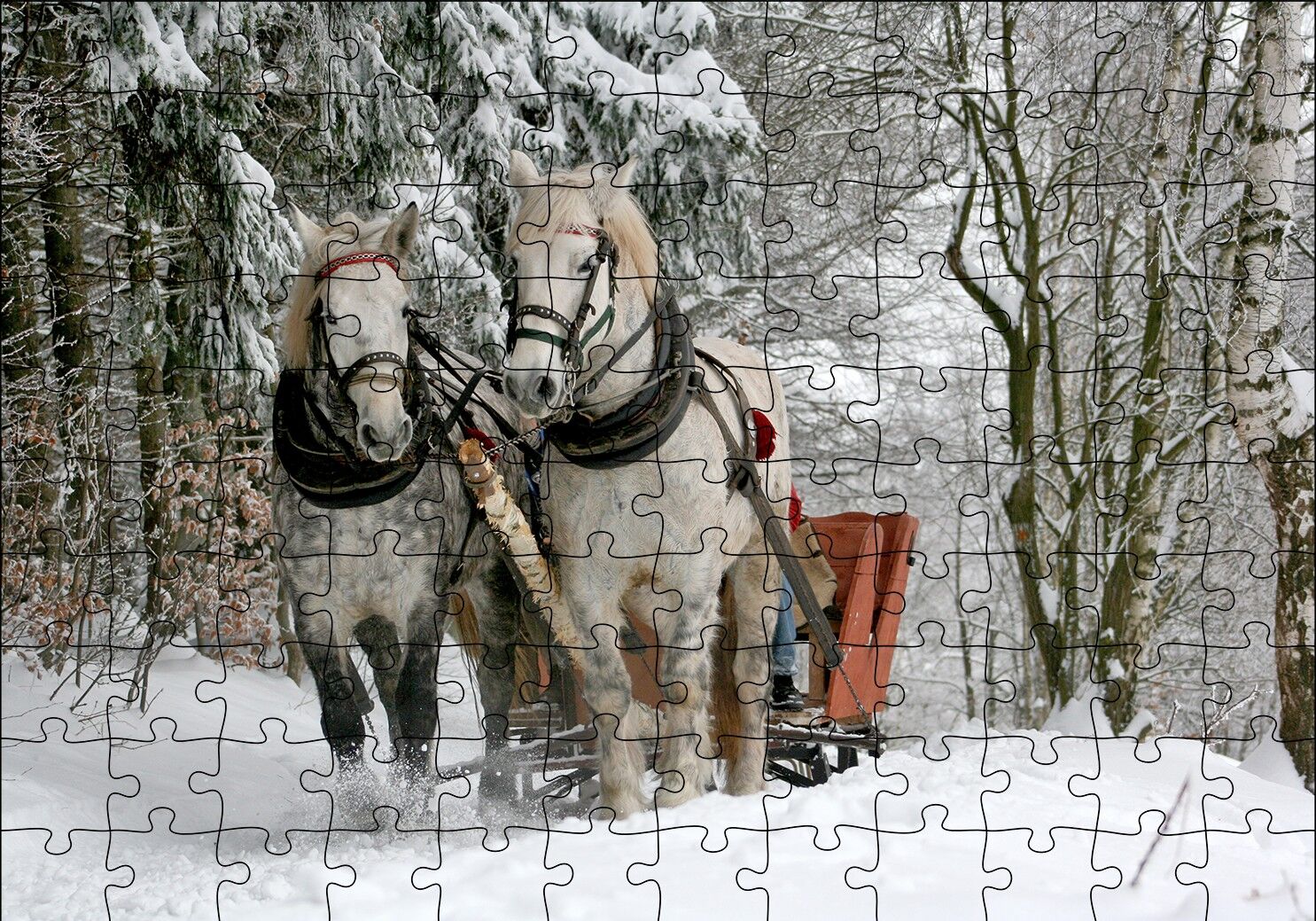 Karda Kızak Çeken Bir Çift At Puzzle Yapboz MDF Ahşap