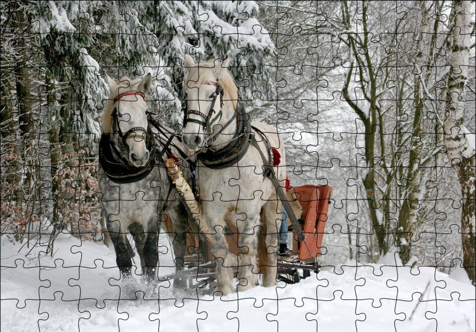 Karda Kızak Çeken Bir Çift At Puzzle Yapboz MDF Ahşap