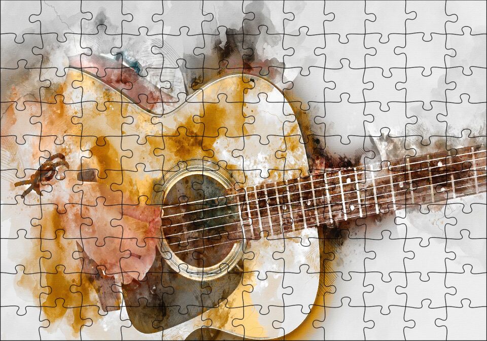 Akustik Gitar Sulu Boya Efektli Puzzle Yapboz MDF Ahşap