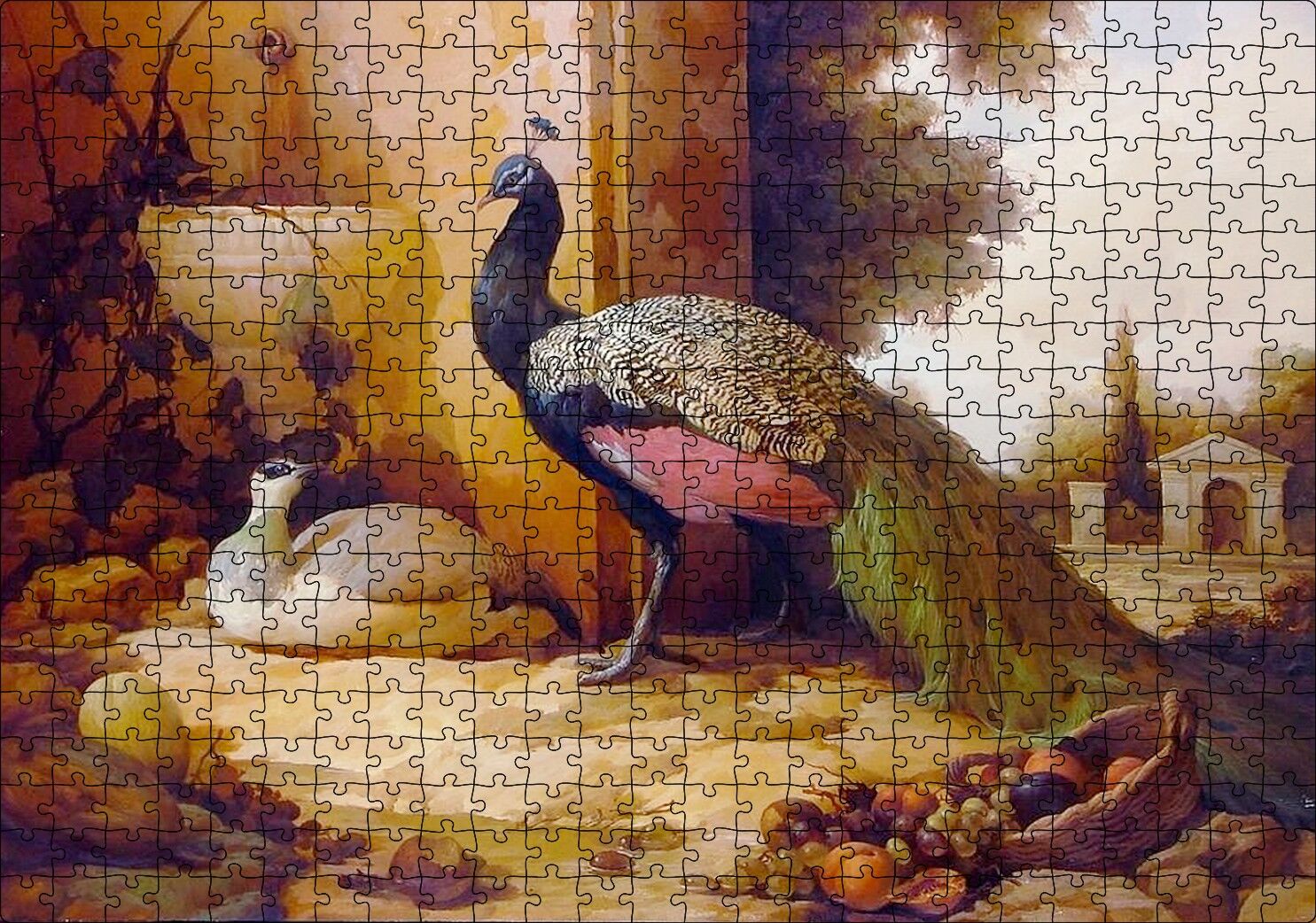 Saray Bahçesinde Bir Çift Tavuskuşu Puzzle Yapboz MDF Ahşap 500 Parça 49 cm X 68 cm