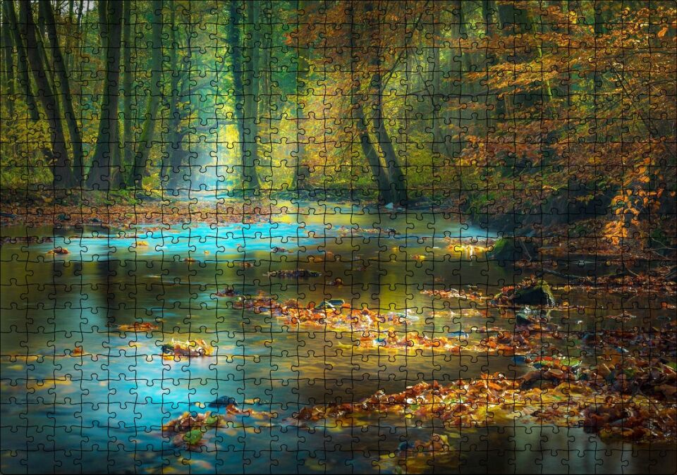 Orman İçindeki Nehir ve Suda Sonbahar Yaprakları Puzzle Yapboz MDF Ahşap 500 Parça 49 cm X 68 cm