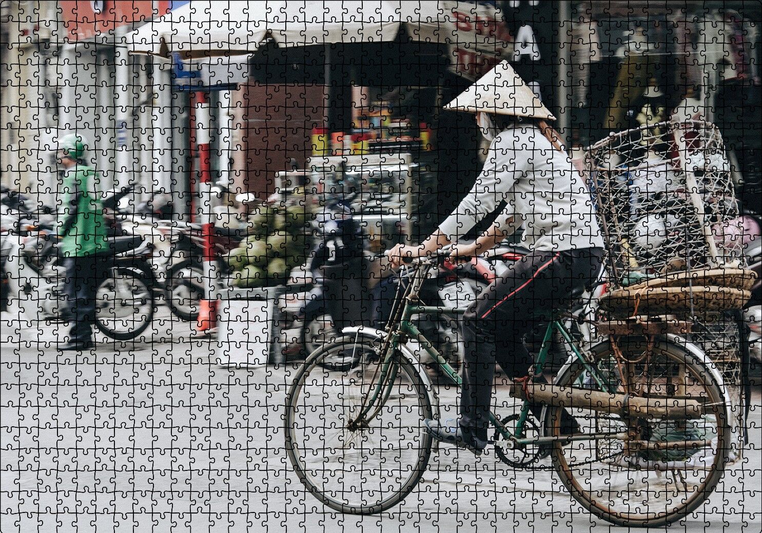Bisikletli Uzakdoğulu Puzzle Yapboz MDF Ahşap 1000 Parça 49 cm X 68 cm