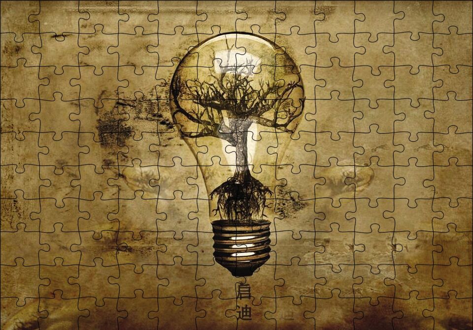 Ampul ve İçinde İhtiyar Ağaç Puzzle Yapboz MDF Ahşap 120 Parça 24 cm X 34 cm