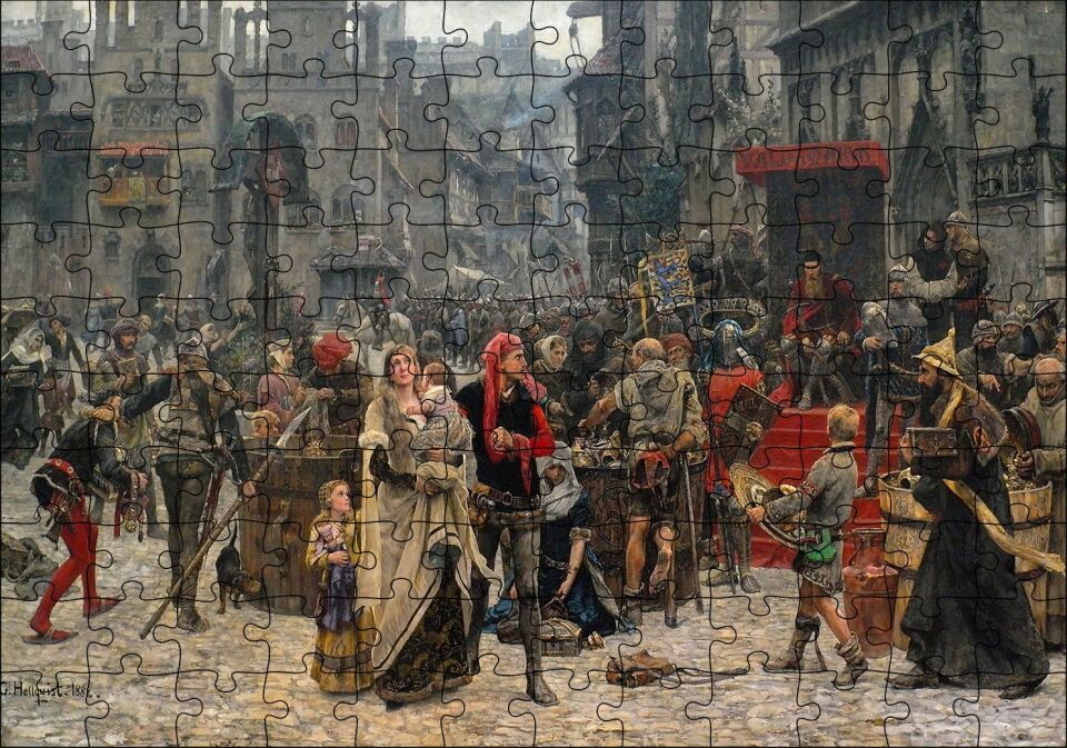 Carl Gustaf Hellqvist Ortaçağ Resmi Pazar Yeri Puzzle Yapboz MDF Ahşap 120 Parça 24 cm X 34 cm