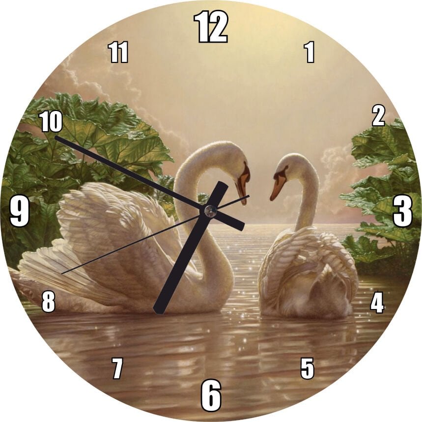 Altın Rengi Sularda Beyaz Kuğu Çifti Mdf Ahşap Duvar Saati