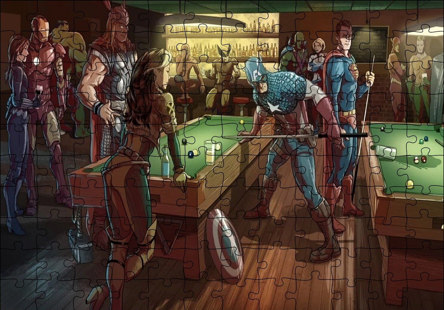 Süper Kahramanlar Bilardo Salonunda Puzzle Yapboz MDF Ahşap