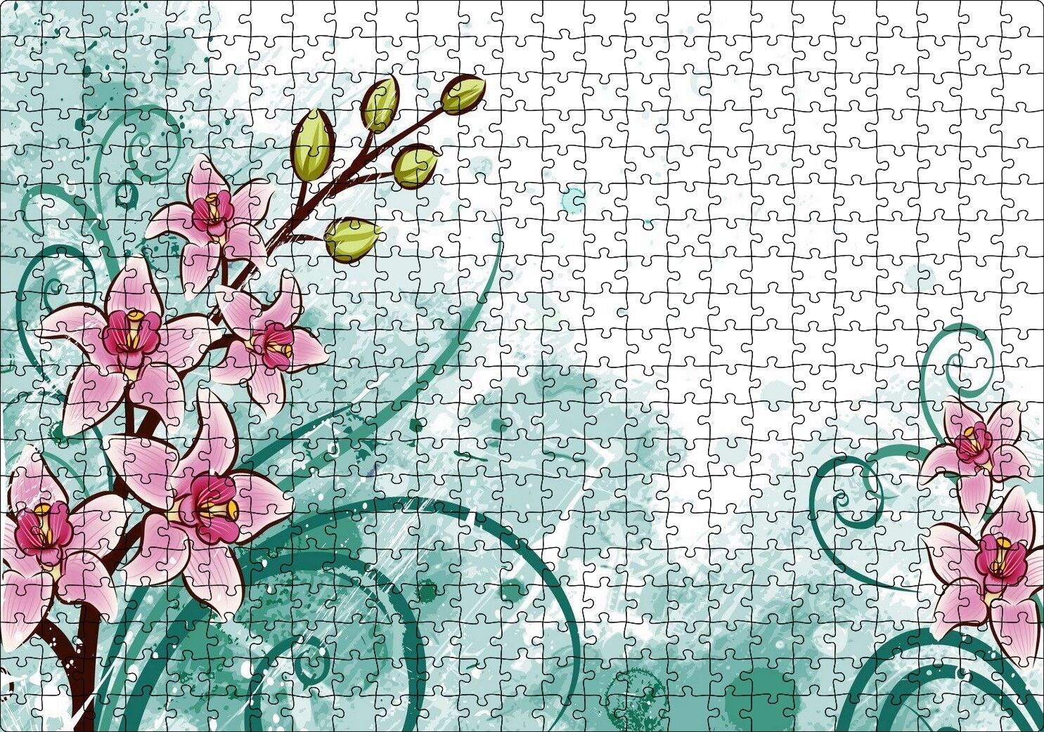 Pembe Çiçekler Yeşil Tohumlar ve Flu Desenler Puzzle Yapboz MDF Ahşap 500 Parça 49 cm X 68 cm