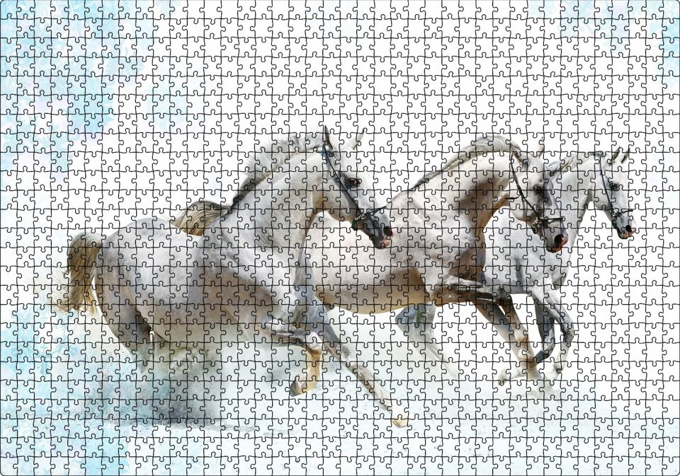 Koşan Beyaz Üç Beyaz Atlar Puzzle Yapboz MDF Ahşap 1000 Parça 49 cm X 68 cm