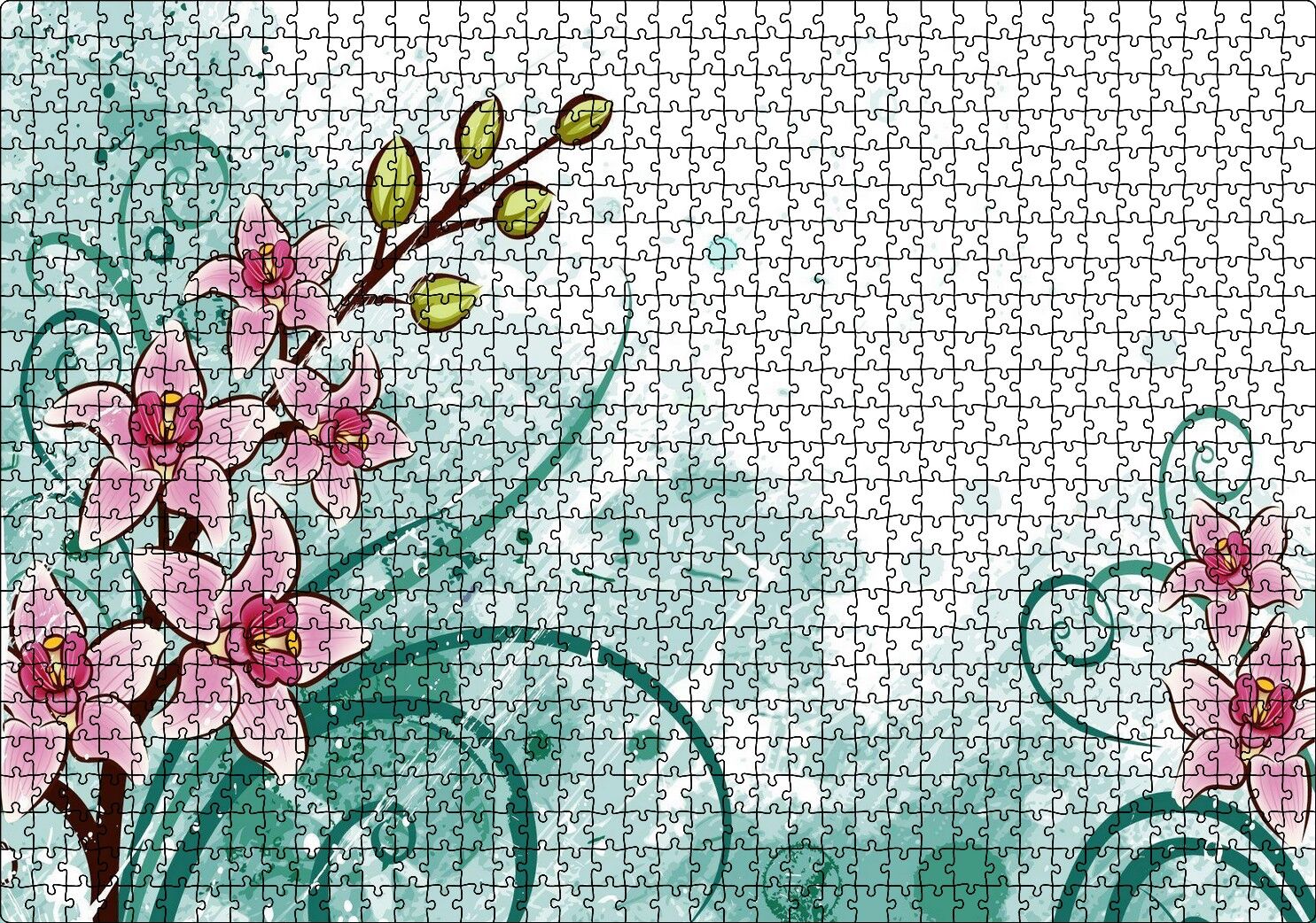 Pembe Çiçekler Yeşil Tohumlar ve Flu Desenler Puzzle Yapboz MDF Ahşap 1000 Parça 49 cm X 68 cm