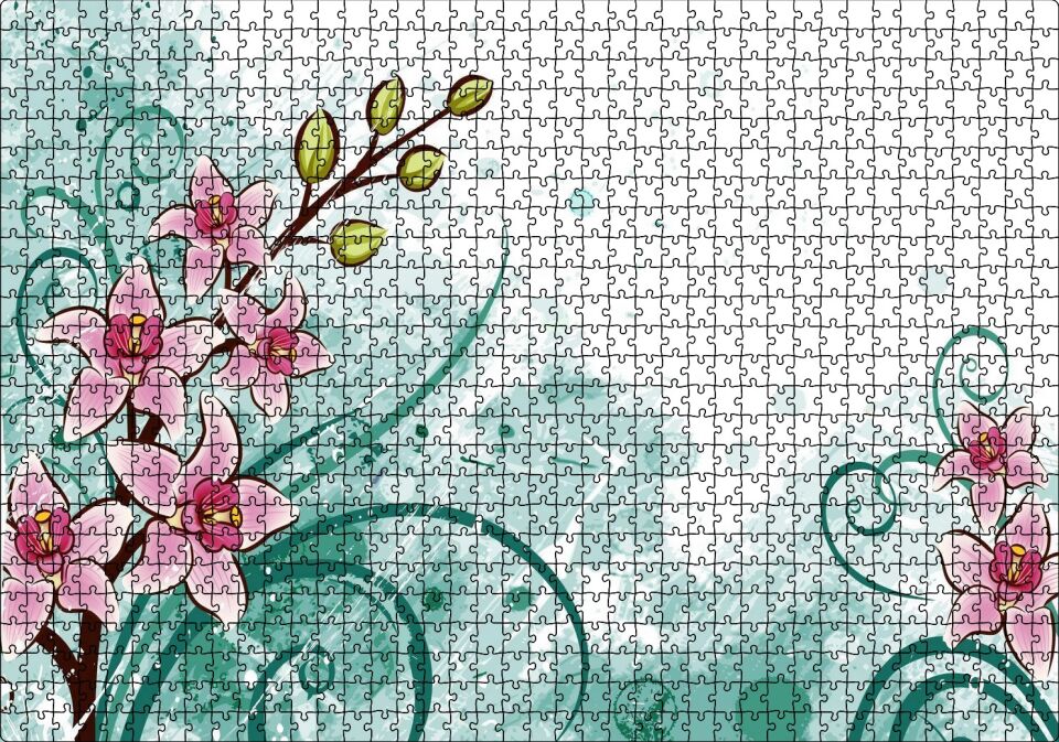 Pembe Çiçekler Yeşil Tohumlar ve Flu Desenler Puzzle Yapboz MDF Ahşap 1000 Parça 49 cm X 68 cm