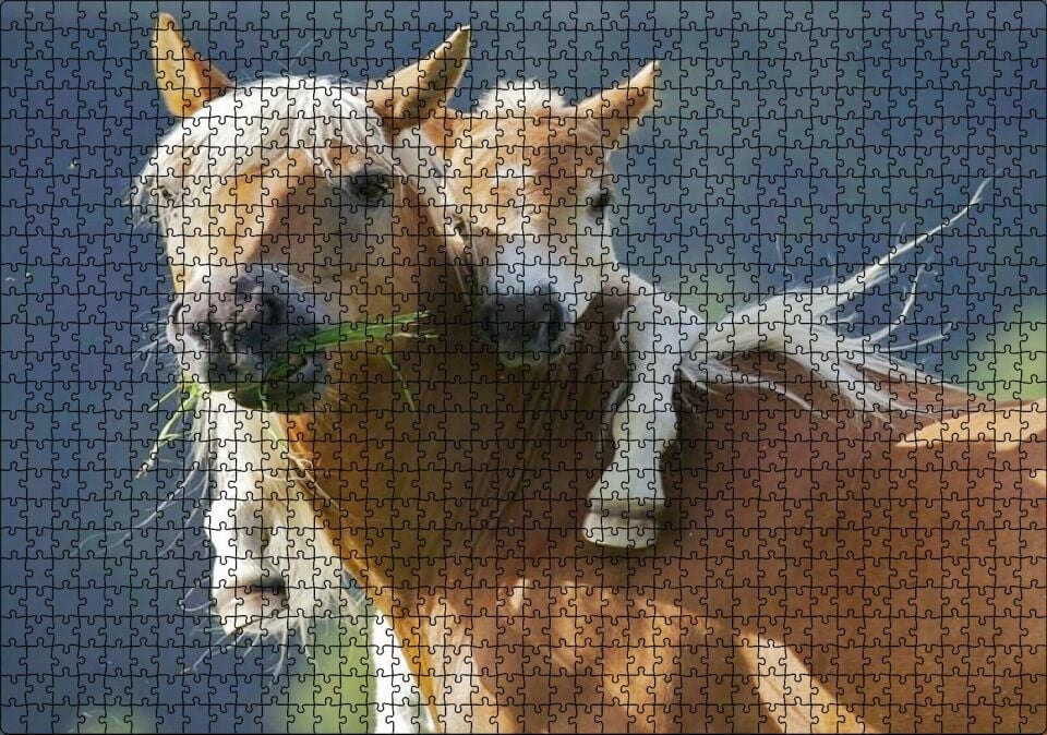 Otlayan Kahverengi Beyaz At ile Sırtındaki Tayı Puzzle Yapboz MDF Ahşap 1000 Parça 49 cm X 68 cm