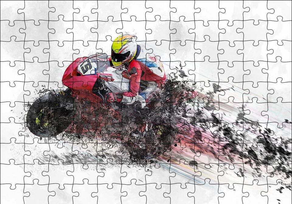Kırmızı Yarış Motoru Dijital Çizim Puzzle Yapboz MDF Ahşap