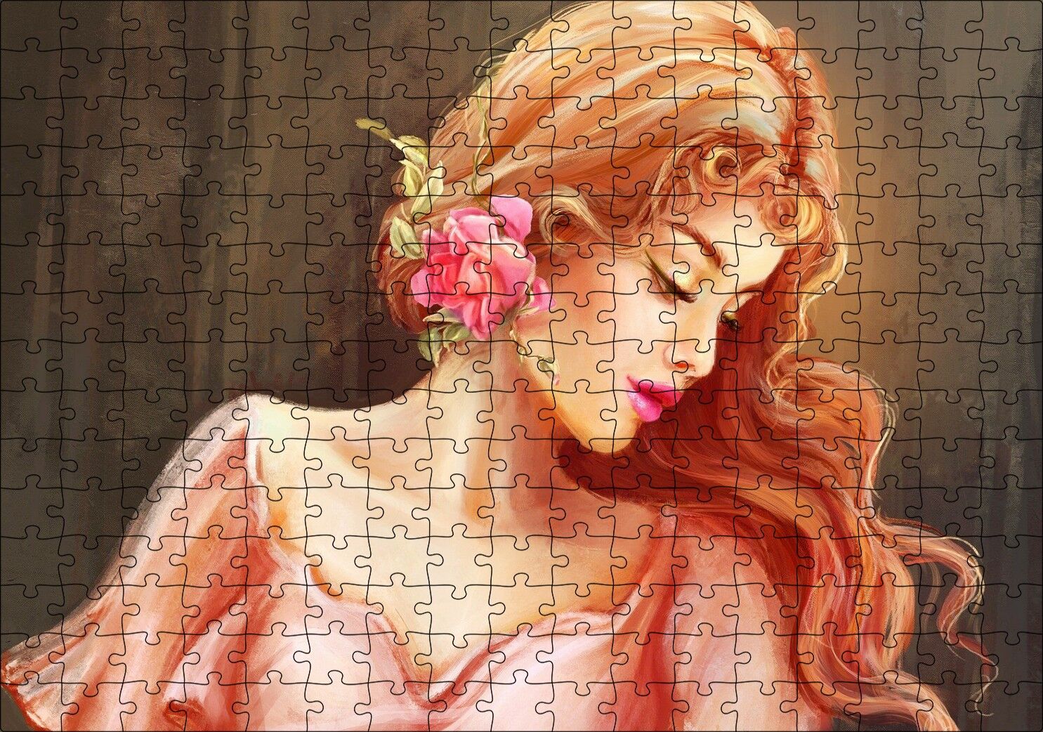Pembe Çiçekli Bakır Saçlı Kadın Puzzle Yapboz MDF Ahşap 255 Parça 34 cm X 49 cm