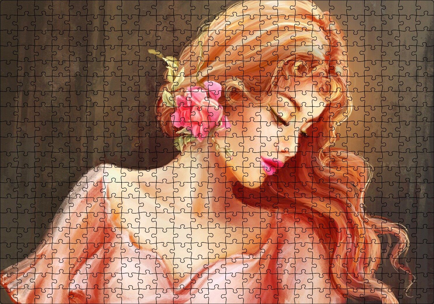 Pembe Çiçekli Bakır Saçlı Kadın Puzzle Yapboz MDF Ahşap 500 Parça 49 cm X 68 cm