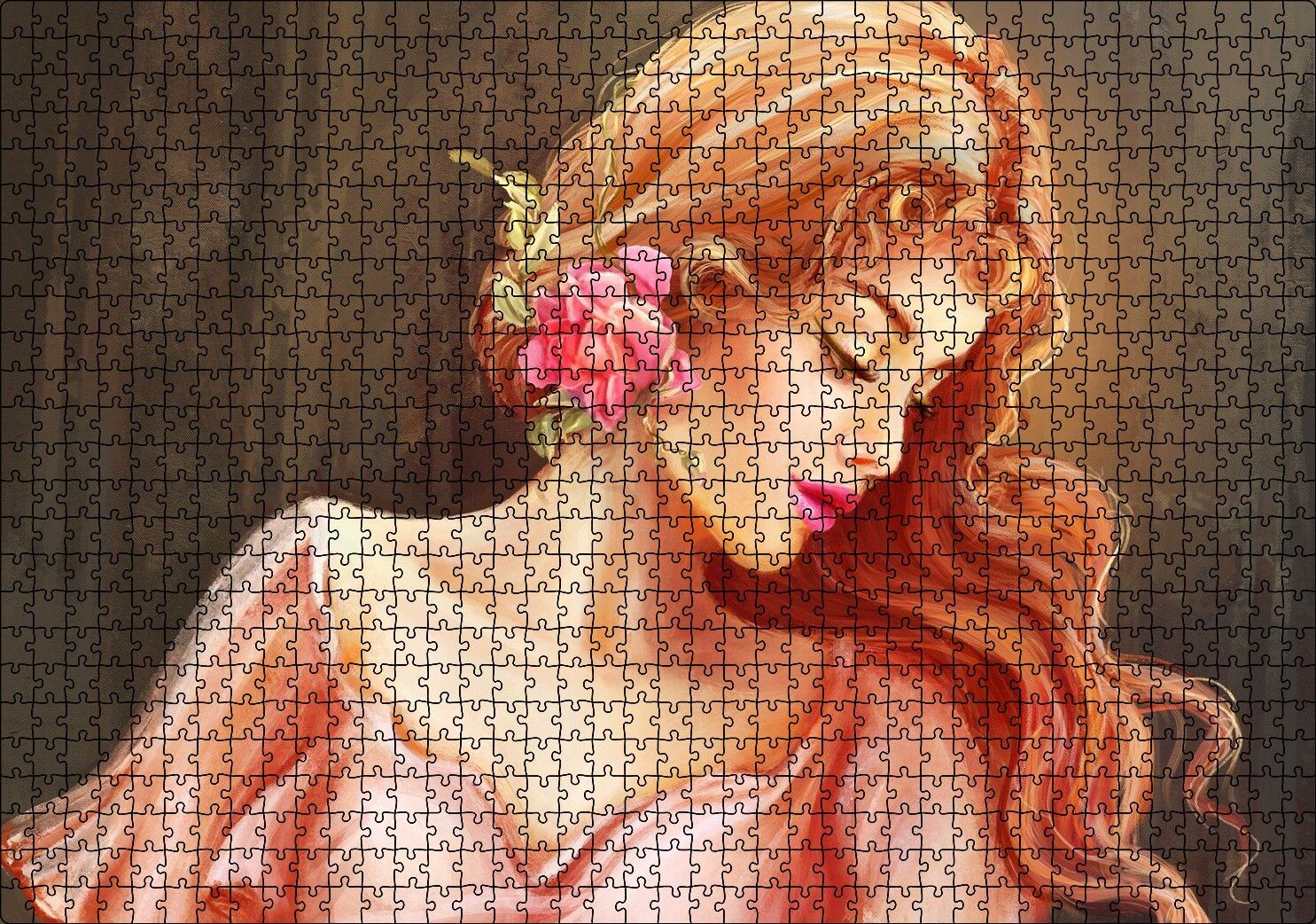 Pembe Çiçekli Bakır Saçlı Kadın Puzzle Yapboz MDF Ahşap 1000 Parça 49 cm X 68 cm