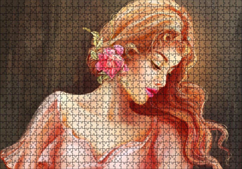 Pembe Çiçekli Bakır Saçlı Kadın Puzzle Yapboz MDF Ahşap 1000 Parça 49 cm X 68 cm
