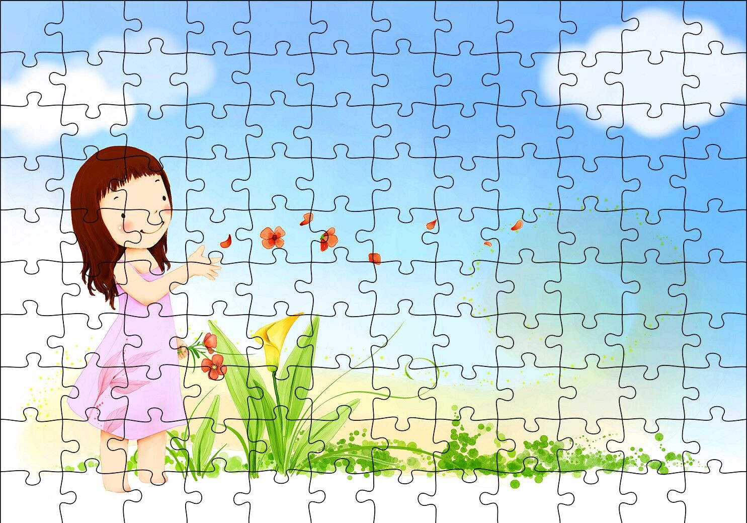 Küçük Kız, Çiçekler ve Bulutlar Puzzle Yapboz MDF Ahşap 120 Parça 24 cm X 34 cm