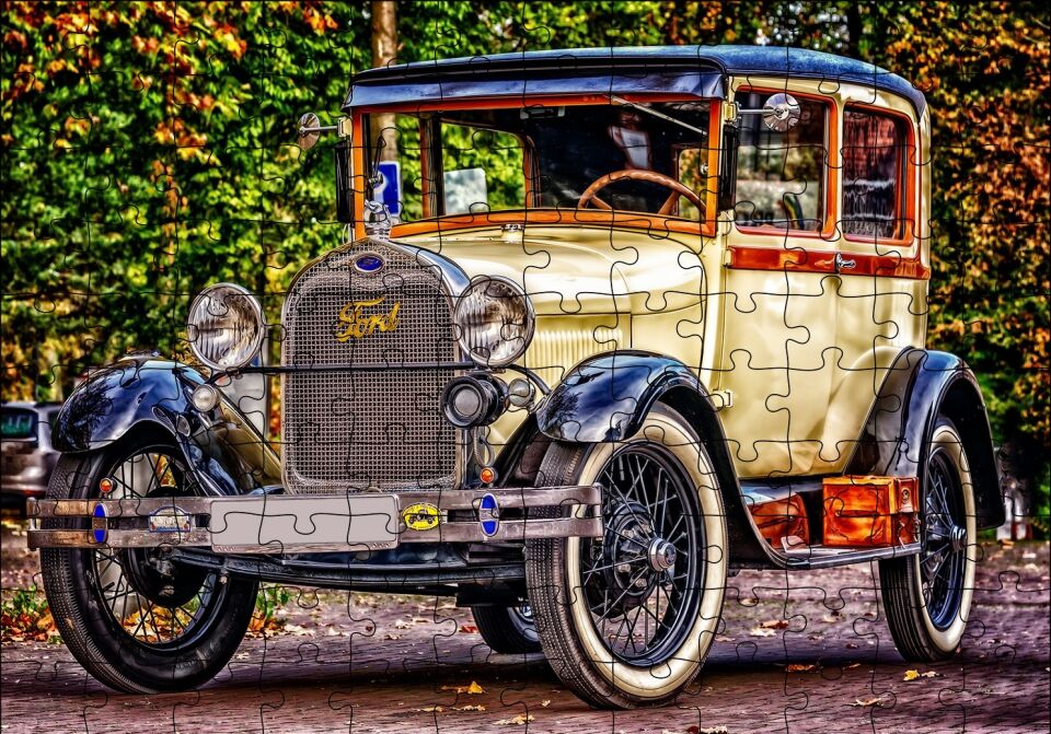 Krem Antika Ford Araba Puzzle Yapboz MDF Ahşap