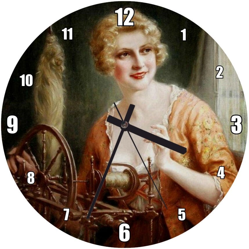 François Martin Kavel Fransa 1861 1931  Catherine La Rose  İplik Üretirken Mdf Ahşap Duvar Saati 50 cm Çap