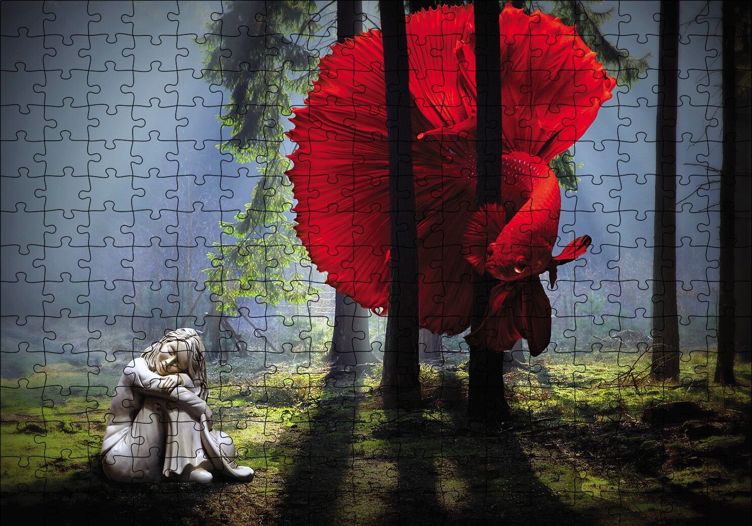 Ormanda Kırmızı Balık Kız Fantastik Puzzle Yapboz MDF Ahşap 255 Parça 34 cm X 49 cm