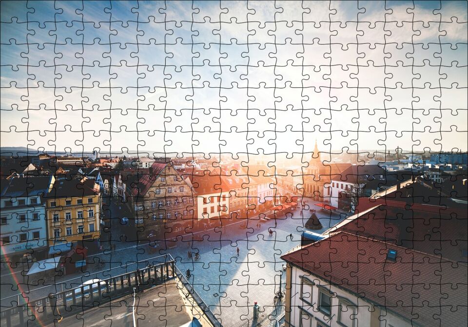 Çatıdan Şehir ve Güneş Işıkları Puzzle Yapboz MDF Ahşap 255 Parça 34 cm X 49 cm