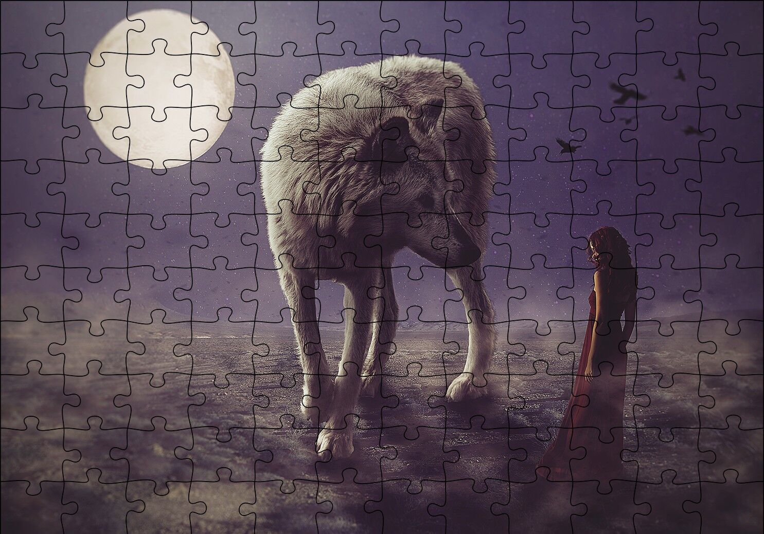 Kurt Kadın Gecede Dolun Ay Puzzle Yapboz MDF Ahşap