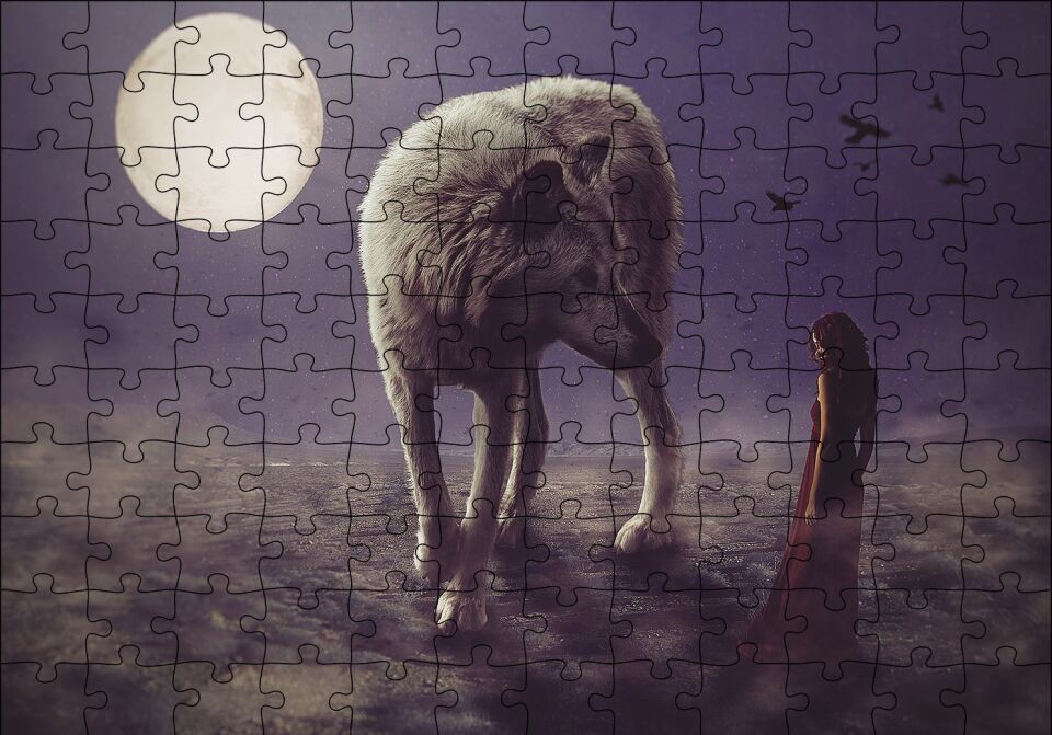 Kurt Kadın Gecede Dolun Ay Puzzle Yapboz MDF Ahşap