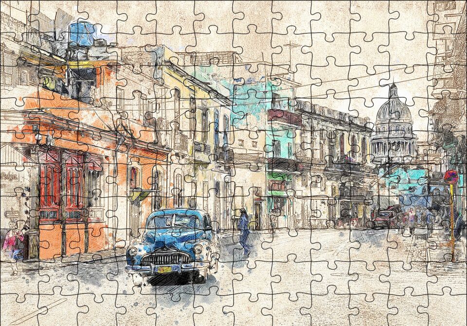 Küba Sokak Manzarası Çizim Puzzle Yapboz MDF Ahşap