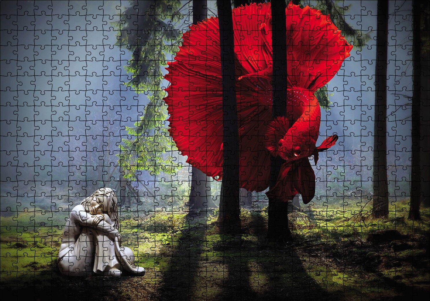 Ormanda Kırmızı Balık Kız Fantastik Puzzle Yapboz MDF Ahşap 500 Parça 49 cm X 68 cm