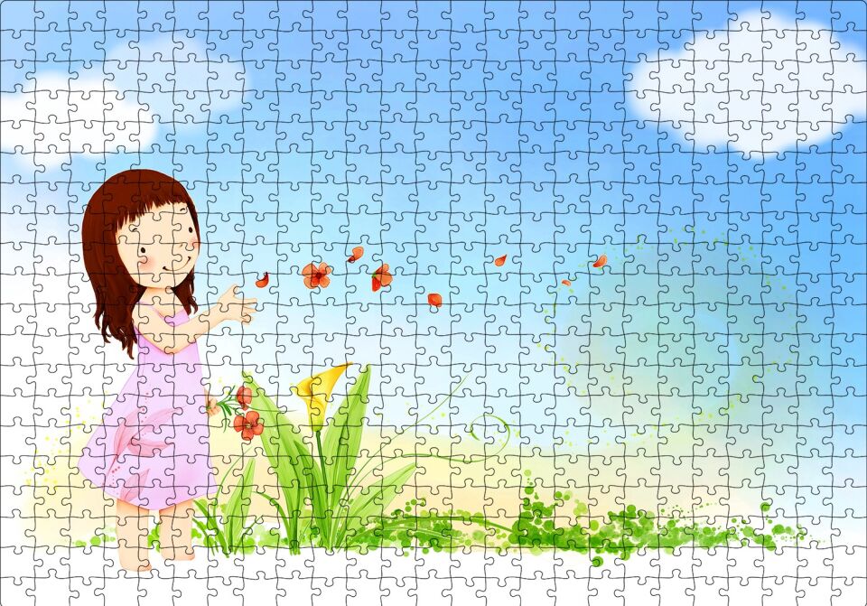 Küçük Kız, Çiçekler ve Bulutlar Puzzle Yapboz MDF Ahşap 500 Parça 49 cm X 68 cm
