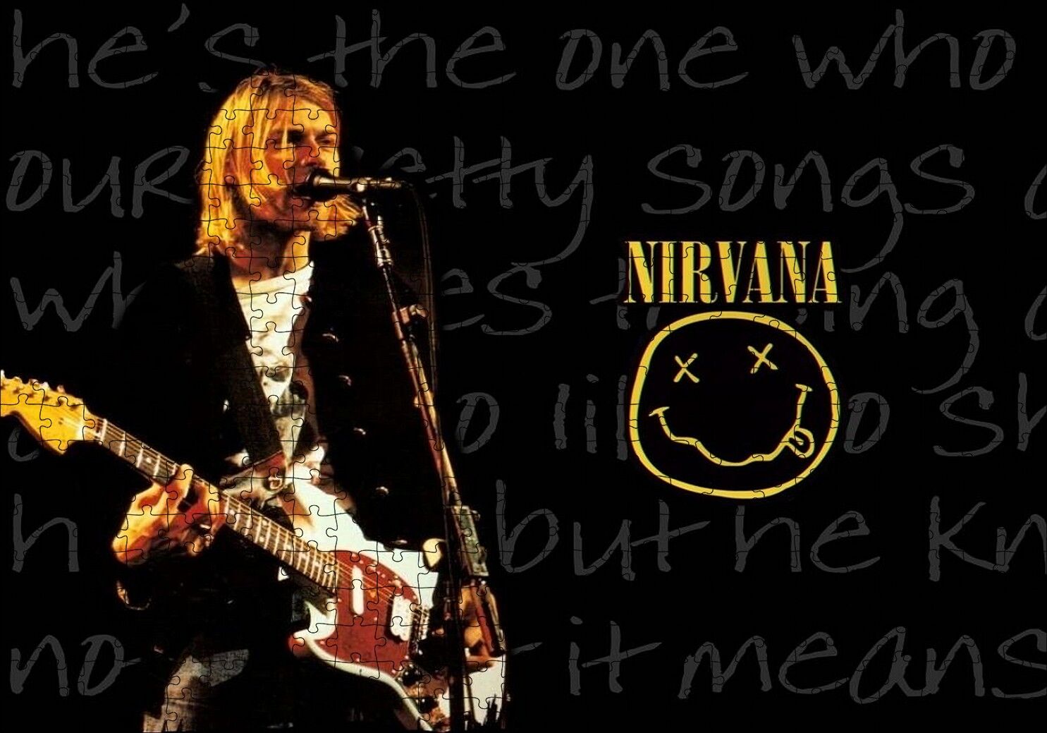 Nirvana Kurt Cobain Elektrogitar Smiley Puzzle Yapboz MDF Ahşap 500 Parça 49 cm X 68 cm