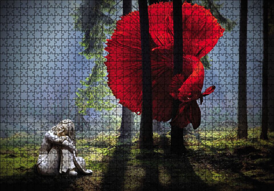 Ormanda Kırmızı Balık Kız Fantastik Puzzle Yapboz MDF Ahşap 1000 Parça 49 cm X 68 cm