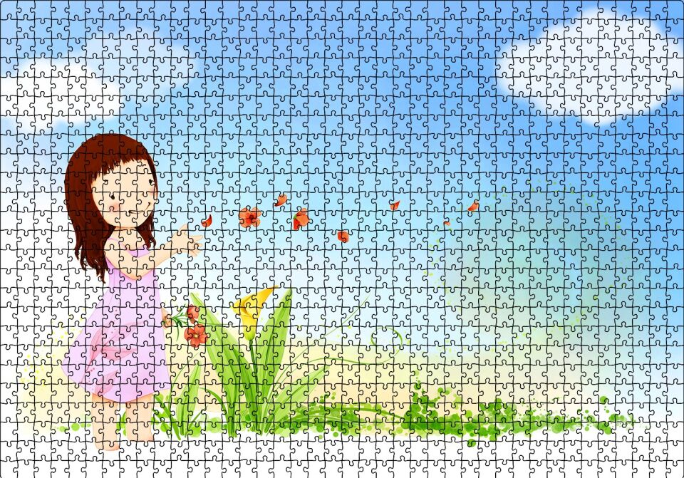 Küçük Kız, Çiçekler ve Bulutlar Puzzle Yapboz MDF Ahşap 1000 Parça 49 cm X 68 cm